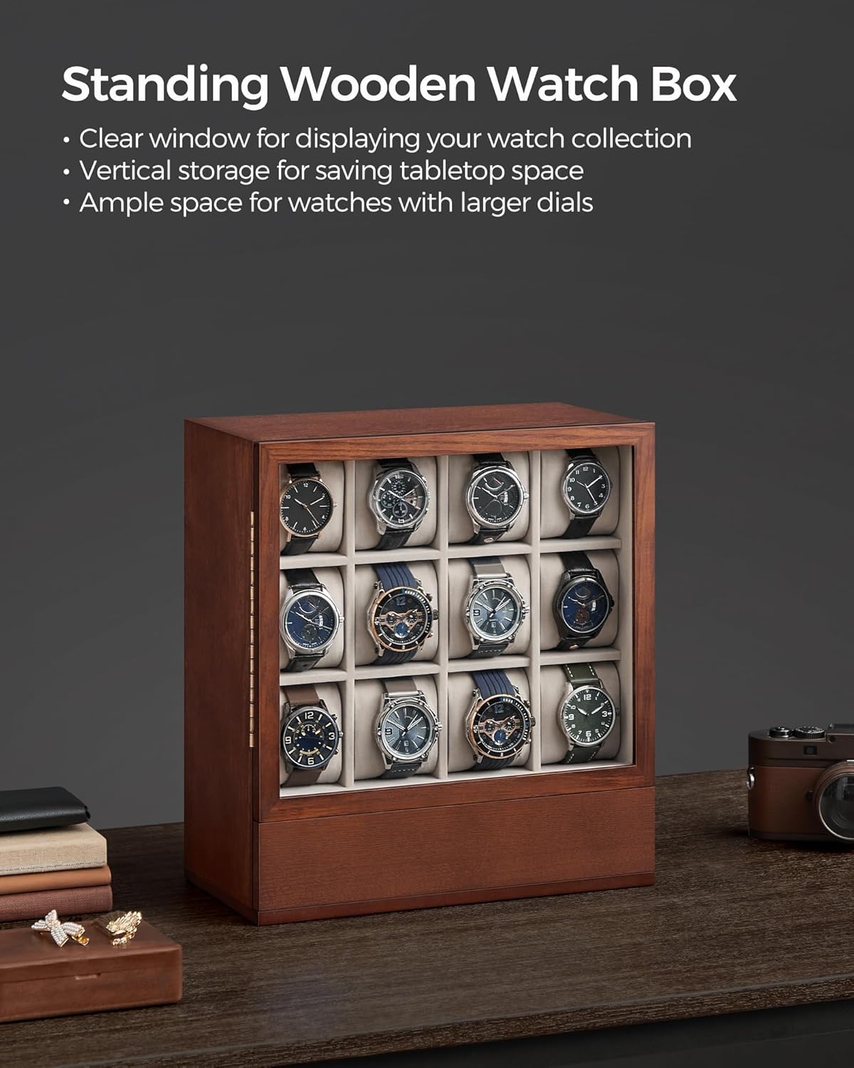SONGMICS 12-Slot Wooden Watch Box, Watch Display Case with Window, Watch Display Cabinet, Coffee Brown UJOW014K01 - Image 2