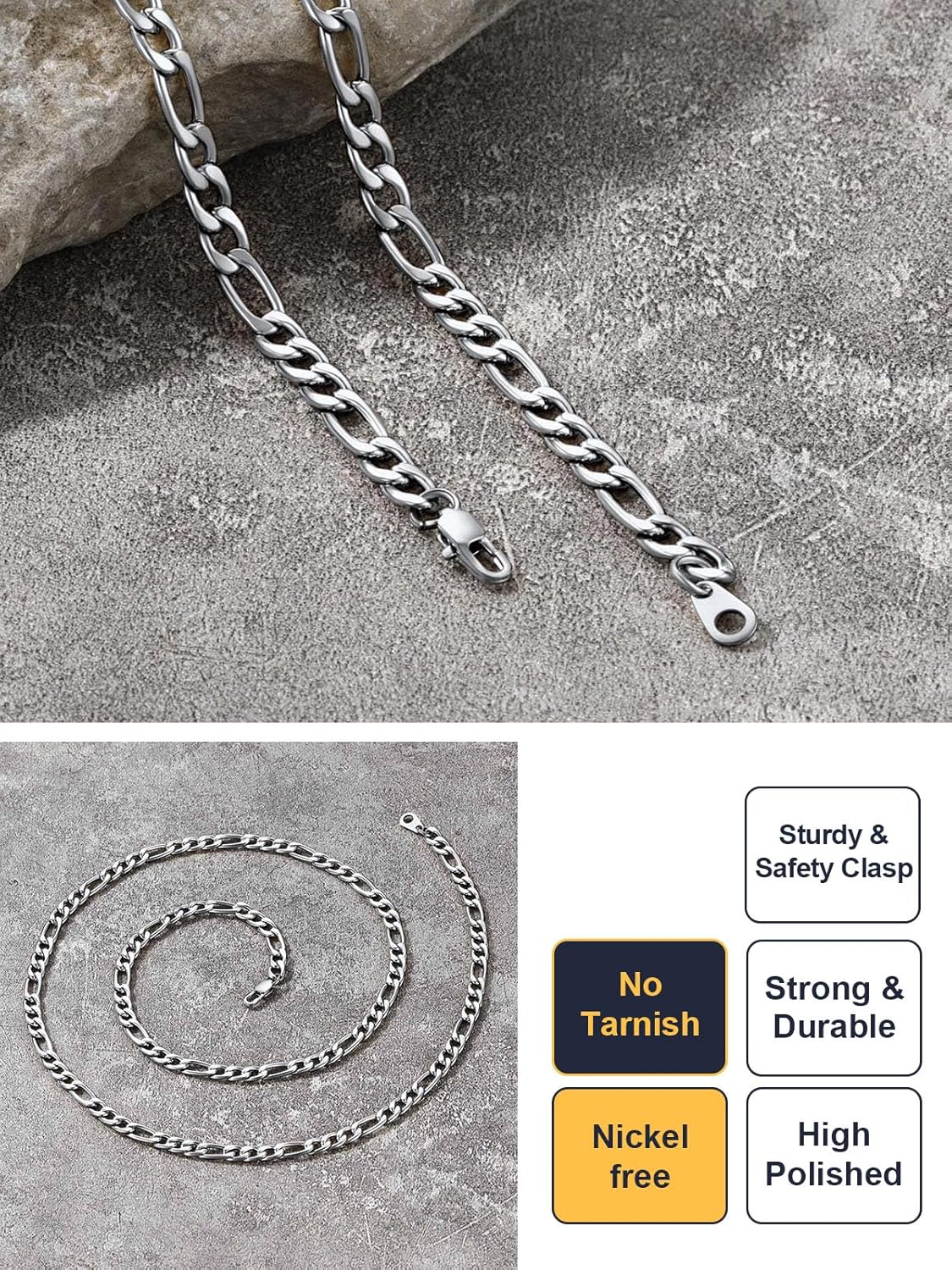 U7 Figaro Chain Necklace, Men's Stainless Steel/Black/Gold Chain 5MM Wide,18-30 Inch Available, Cool & Daliy Fashion Look for Men and Women… - Image 7