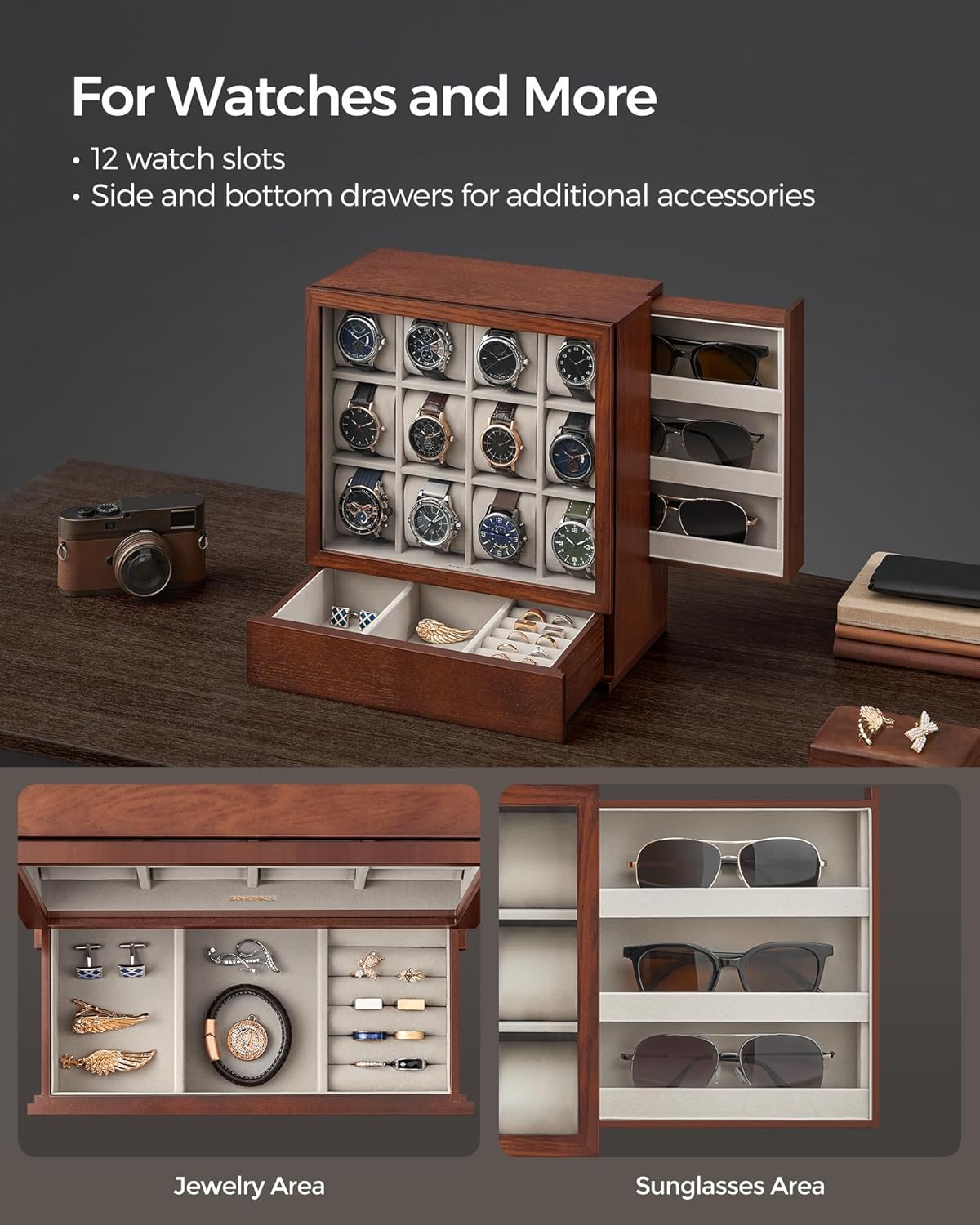 SONGMICS 12-Slot Wooden Watch Box, Watch Display Case with Window, Watch Display Cabinet, Coffee Brown UJOW014K01 - Image 3