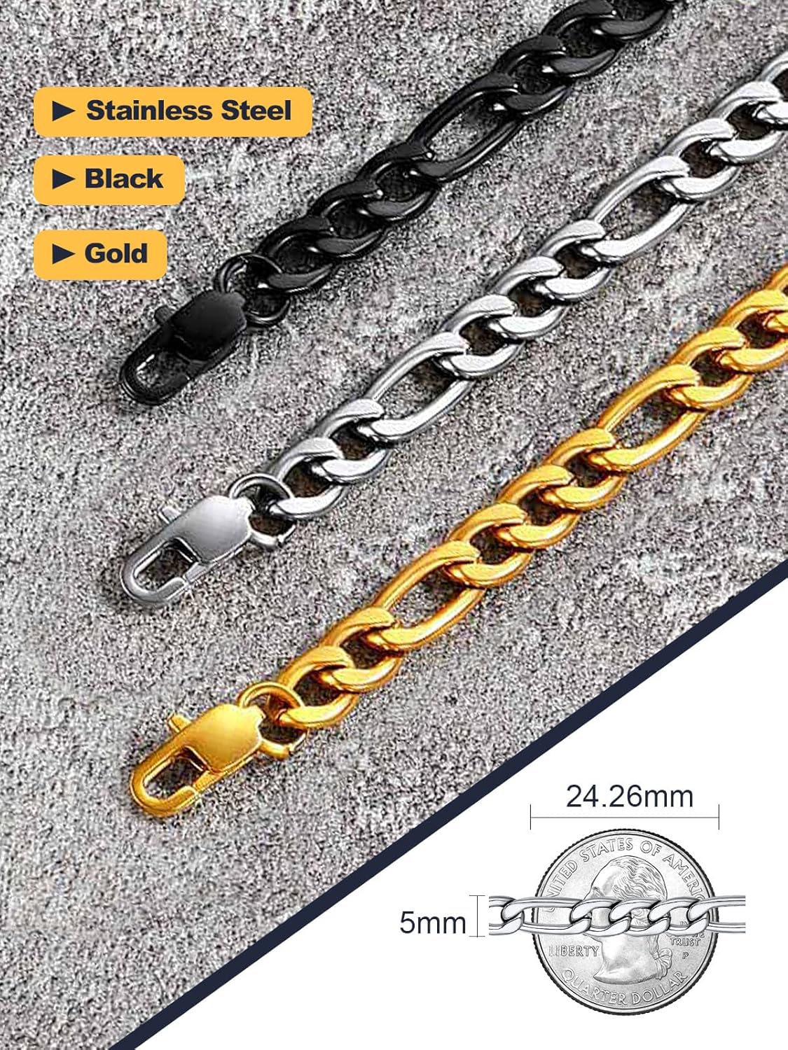 U7 Figaro Chain Necklace, Men's Stainless Steel/Black/Gold Chain 5MM Wide,18-30 Inch Available, Cool & Daliy Fashion Look for Men and Women… - Image 8