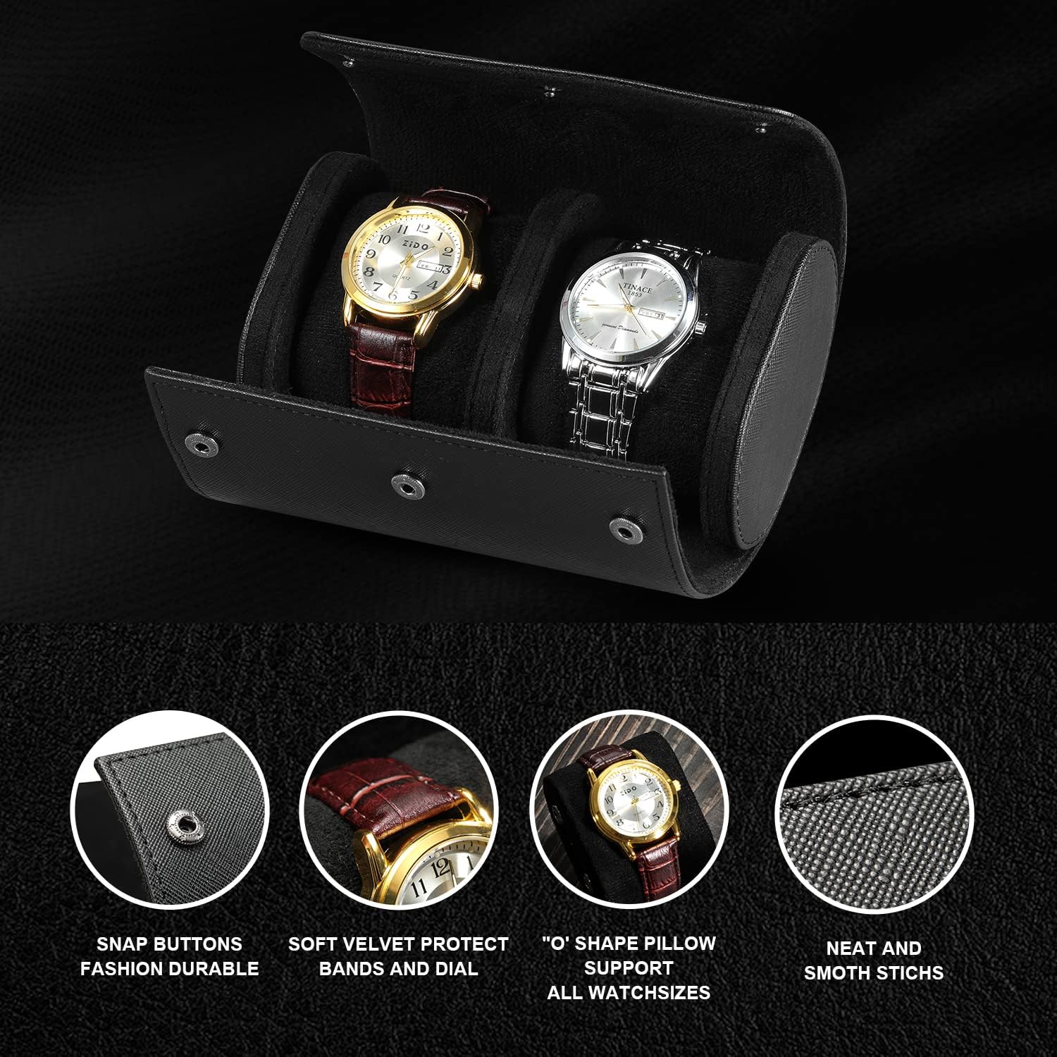 Watch Roll Travel Case for Men and Women- 2 Watch Storage and Organizer-Secure Storage with Innovative Removable Pillows & Solid Dividers for Home Storage, Protect,Travel and Display(Black-2, 2 Slot) - Image 2