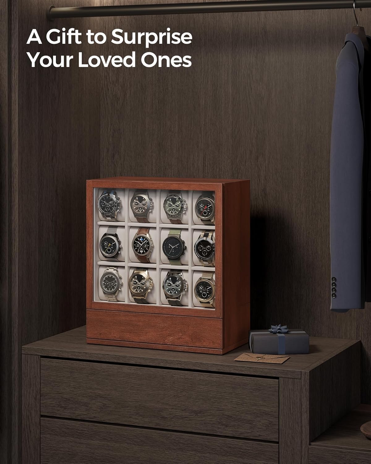 SONGMICS 12-Slot Wooden Watch Box, Watch Display Case with Window, Watch Display Cabinet, Coffee Brown UJOW014K01 - Image 6