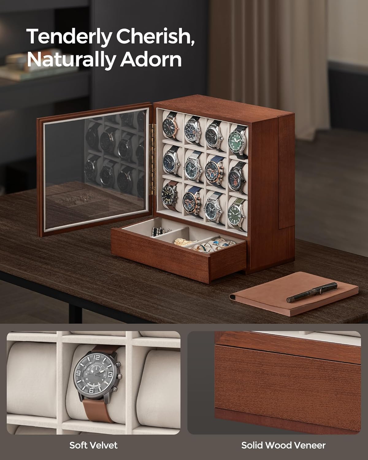 SONGMICS 12-Slot Wooden Watch Box, Watch Display Case with Window, Watch Display Cabinet, Coffee Brown UJOW014K01 - Image 4
