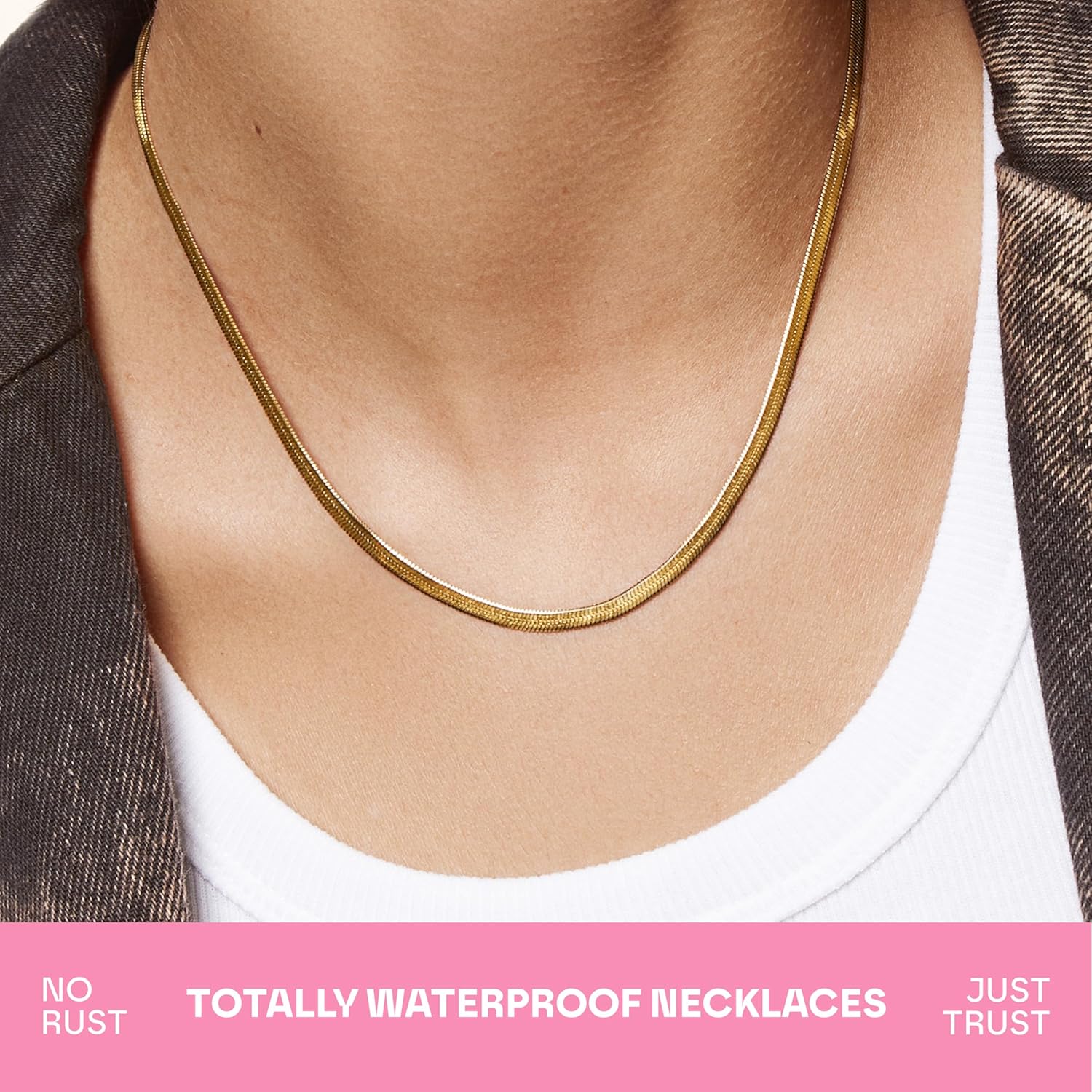 Hey Harper Nassau Necklace - Waterproof & Sweatproof Simple Womens Necklaces for Everyday Wear - Silver, Rose Gold, Gold Necklaces for Women - Stainless Steel Necklace - Herringbone Chain with 14k Golden Color PVD Coating - Necklaces for Women Trendy - Image 3