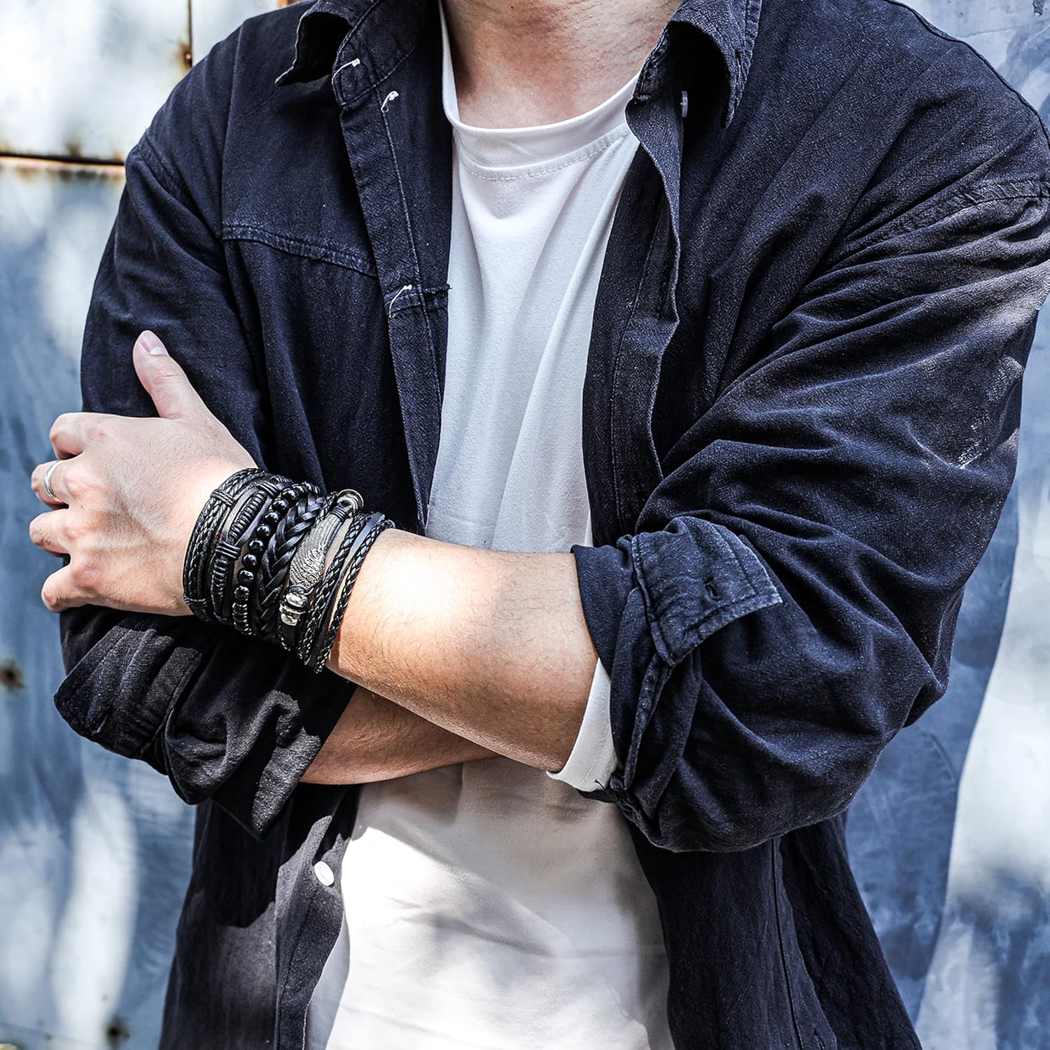 Manfnee 6-12PCS Braided Faux Leather Bracelet Punk Cuff Wrap Bracelets for Men Women Adjustable - Image 5