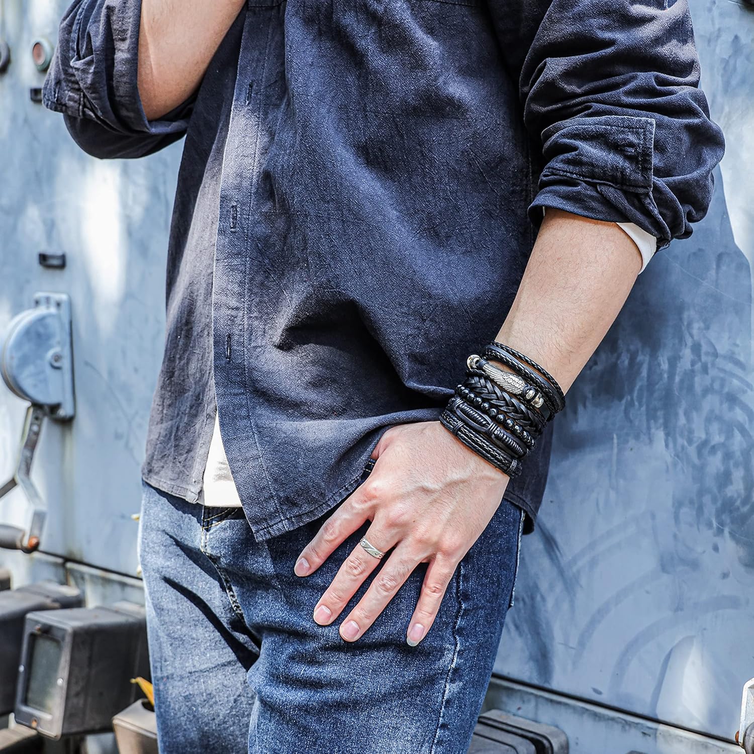 Manfnee 6-12PCS Braided Faux Leather Bracelet Punk Cuff Wrap Bracelets for Men Women Adjustable - Image 3