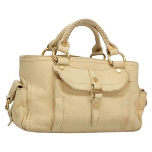CELINE Hand Bag Leather Beige Auth bs23755