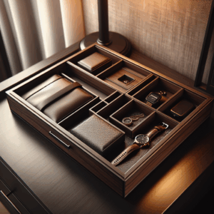 HOUNDSBAY Navigator Big Dresser Valet Tray for Men with Watch Box Jewelry Organizer & Smartphone Charging Station (Dark Brown)