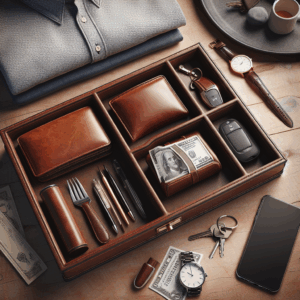 Baoyun Mens Valet Tray Organizer, Leather Valet Box EDC Catch All Tray Dresser Top Nightstand Organizer with 5 Compartments for Wallet Key Phone (Brown)