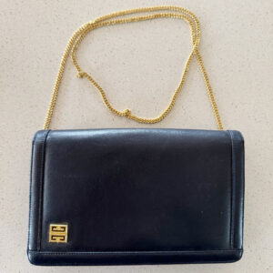 GIVENCHY Shoulder Bag Crossbody Leather Navy Blue Authentic Gold Chain Strap Vtg