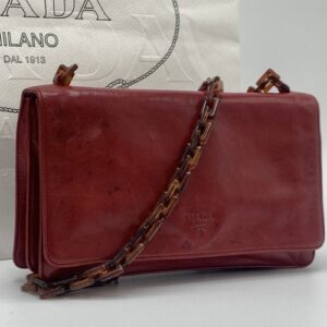 PRADA Leather Plastic Chain Crossbody Shoulder Bag Diagonal Shoulder Red