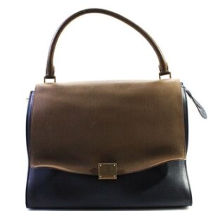 Celine Womens Bi Color Flap Medium Top Handle Handbag Brown Navy Blue Leather