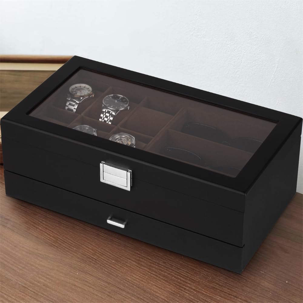 Baskiss 6 Slots Watch Box and Eyewear Sunglass Luxury Storage Box, 2-Layers Solid Wood Watch Display Storage Case Jewelry Organizer with Glass Clear Top for Anniversary, Birthday, Wedding - Image 6
