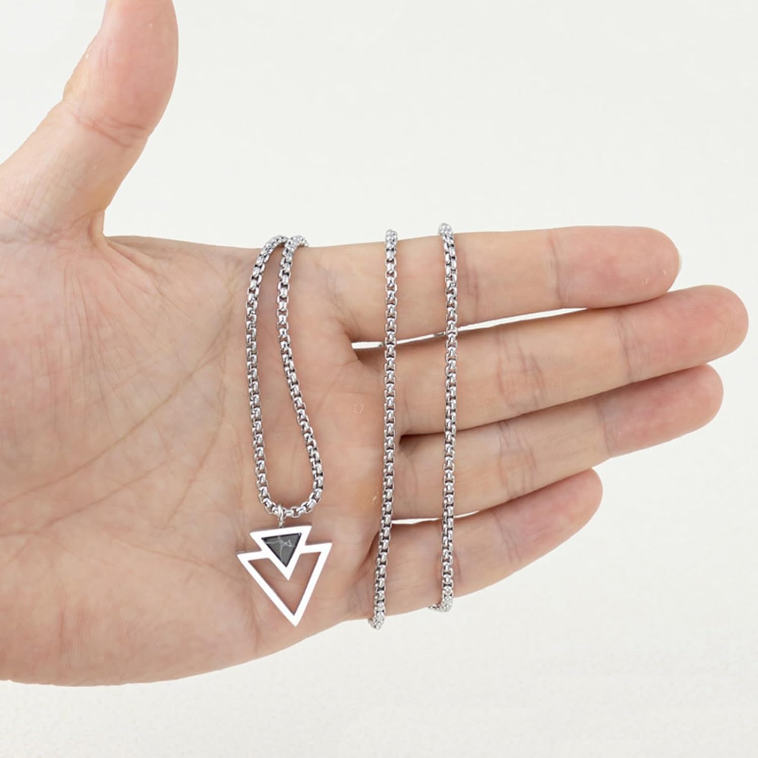 Mens Necklace Silver Chain Necklace Black Double Triangle Necklace Geometric Pendant Necklace Minimalist Jewelry Gift for Men (Silver) - Image 2