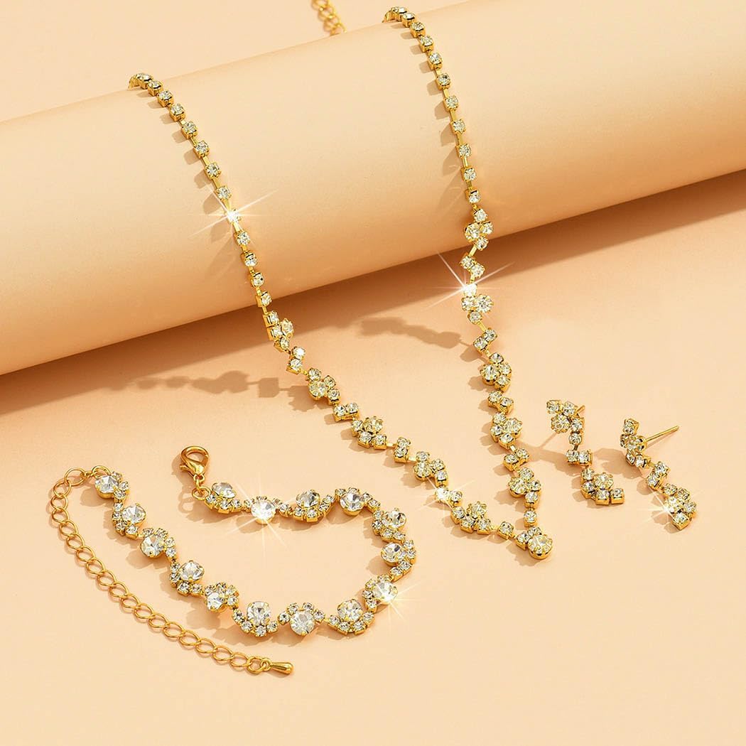 Unicra Bride Crystal Necklace Earrings Set Bridal Wedding Jewelry Sets Rhinestone Choker Necklace Prom Costume Jewelry Set for Women and Girls (3 piece set - 2 earrings and 1 necklace) - Image 4