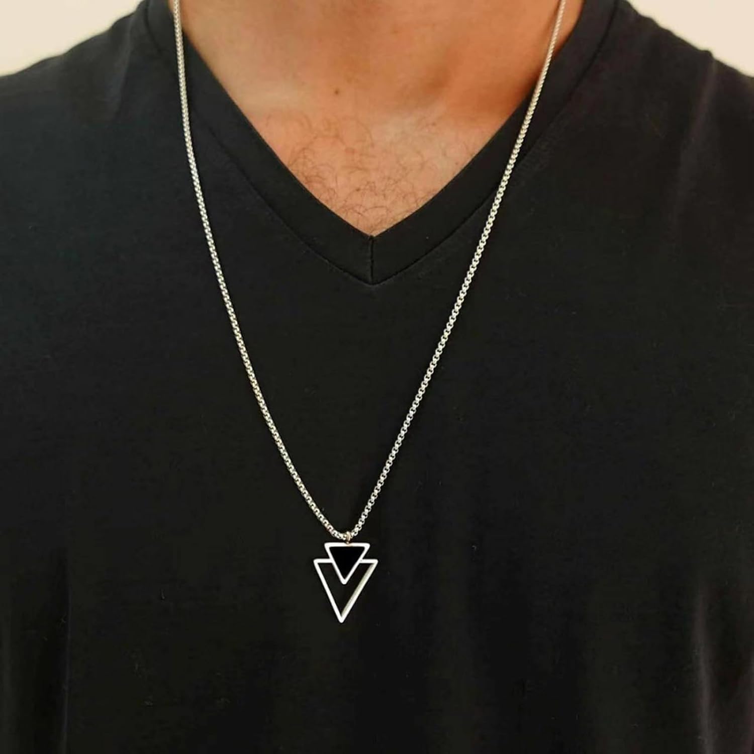 Mens Necklace Silver Chain Necklace Black Double Triangle Necklace Geometric Pendant Necklace Minimalist Jewelry Gift for Men (Silver) - Image 6
