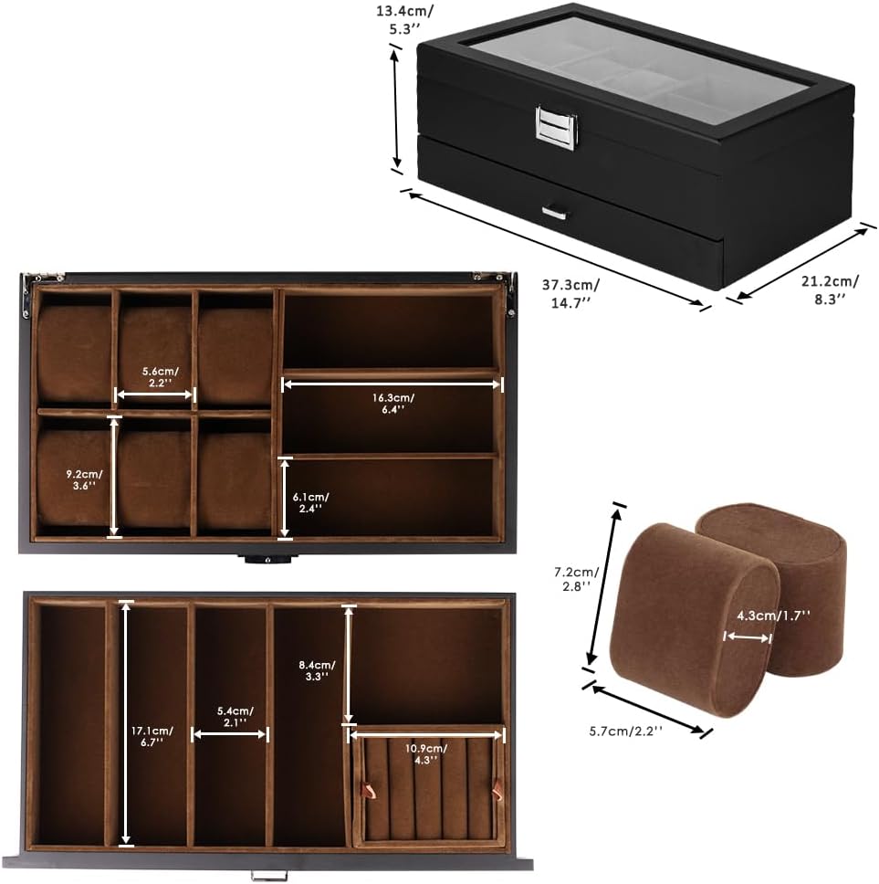 Baskiss 6 Slots Watch Box and Eyewear Sunglass Luxury Storage Box, 2-Layers Solid Wood Watch Display Storage Case Jewelry Organizer with Glass Clear Top for Anniversary, Birthday, Wedding - Image 2