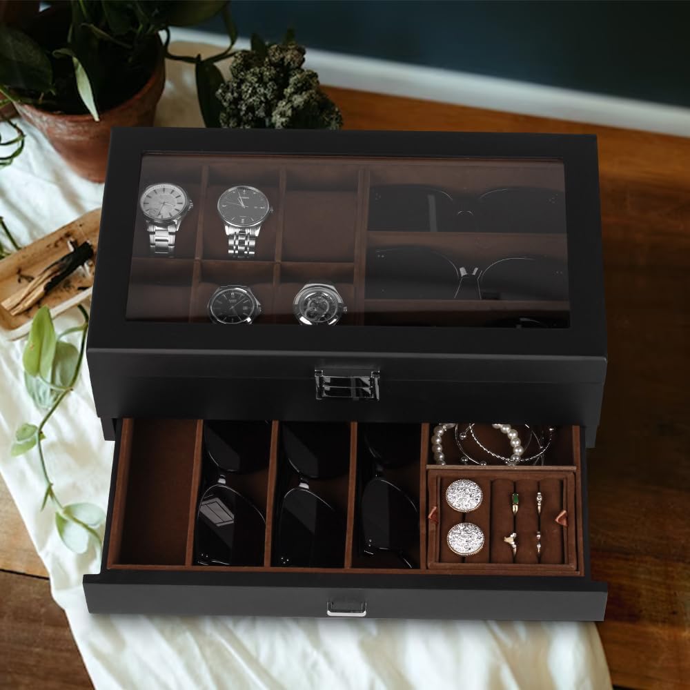 Baskiss 6 Slots Watch Box and Eyewear Sunglass Luxury Storage Box, 2-Layers Solid Wood Watch Display Storage Case Jewelry Organizer with Glass Clear Top for Anniversary, Birthday, Wedding - Image 5