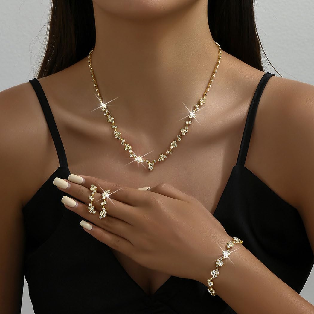 Unicra Bride Crystal Necklace Earrings Set Bridal Wedding Jewelry Sets Rhinestone Choker Necklace Prom Costume Jewelry Set for Women and Girls (3 piece set - 2 earrings and 1 necklace) - Image 3
