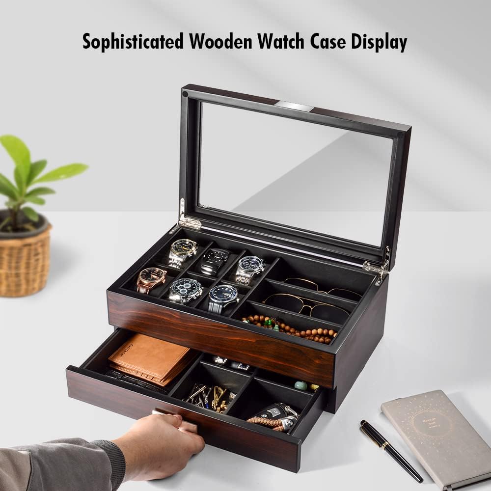 Watch Box Organizer Wooden Men Jewelry Display Case Holder with Drawer for Men Accessory Storage, Real Glass Top,Christmas Gift for Men - Image 2