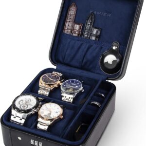 KAMIER Watch Case with Combination Lock – 4 Watch Storage and Jewelry Organizer – Watch Travel Case for Ring and Watch Storage, PU Leather Travel Watch Case, Ideal for Gift (With Gift Box),Black