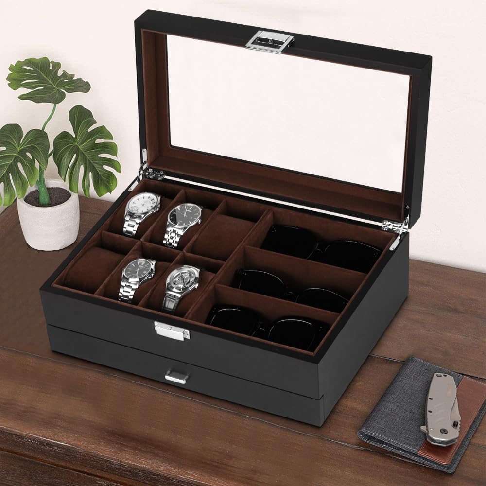 Baskiss 6 Slots Watch Box and Eyewear Sunglass Luxury Storage Box, 2-Layers Solid Wood Watch Display Storage Case Jewelry Organizer with Glass Clear Top for Anniversary, Birthday, Wedding - Image 7