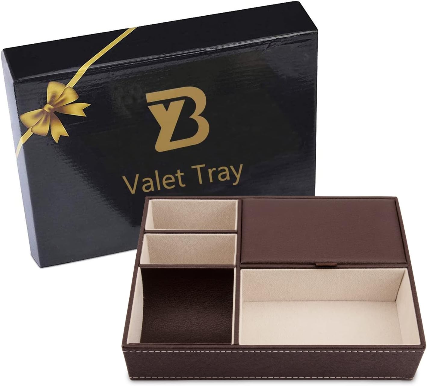 Baoyun Mens Valet Tray Organizer, Leather Valet Box EDC Catch All Tray Dresser Top Nightstand Organizer with 5 Compartments for Wallet Key Phone (Brown) - Image 7