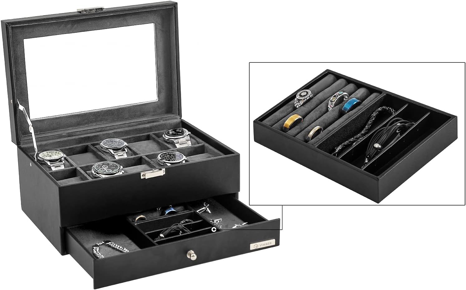 VIMBER Watch Box Organizer for Men with 10-Slot, Mens Watch Case with Removable Watch Pillow and Glass Lid, Mens Jewelry box with Removable Tray for Storage and Display, Gift Grey - Image 2