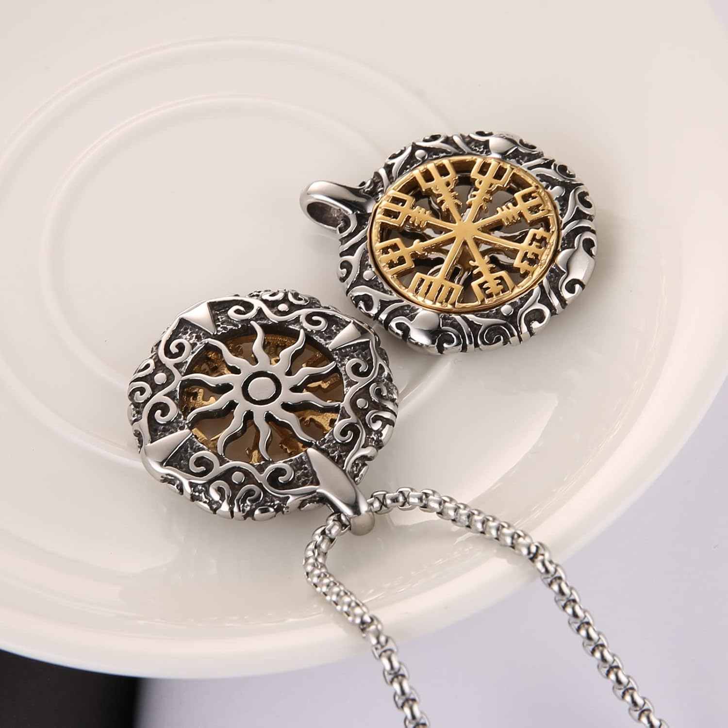 HZMAN Viking Vegvisir Norse Compass Stainless Steel Necklace Double-Sided Hollow Engraving Sun Totem Pendant Norse Amulet Jewelry - Image 4