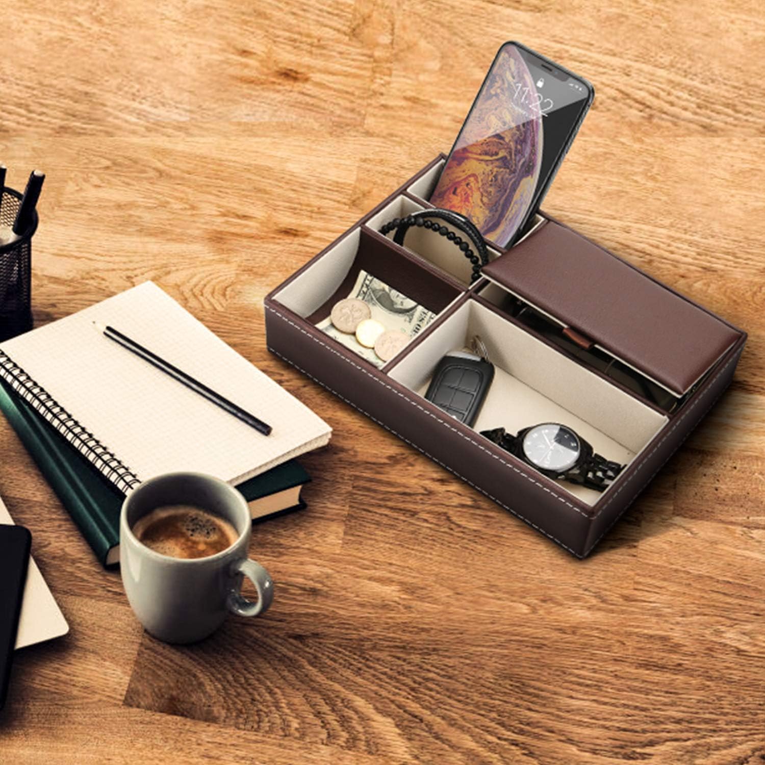 Baoyun Mens Valet Tray Organizer, Leather Valet Box EDC Catch All Tray Dresser Top Nightstand Organizer with 5 Compartments for Wallet Key Phone (Brown) - Image 4