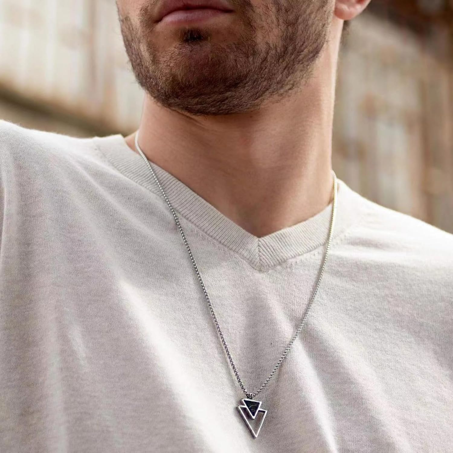Mens Necklace Silver Chain Necklace Black Double Triangle Necklace Geometric Pendant Necklace Minimalist Jewelry Gift for Men (Silver) - Image 4