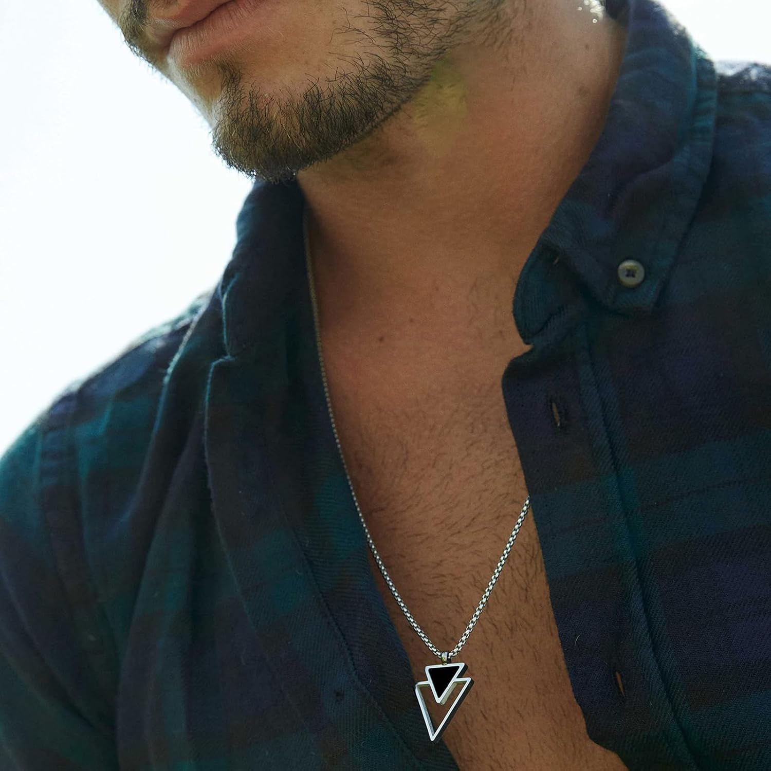 Mens Necklace Silver Chain Necklace Black Double Triangle Necklace Geometric Pendant Necklace Minimalist Jewelry Gift for Men (Silver) - Image 3