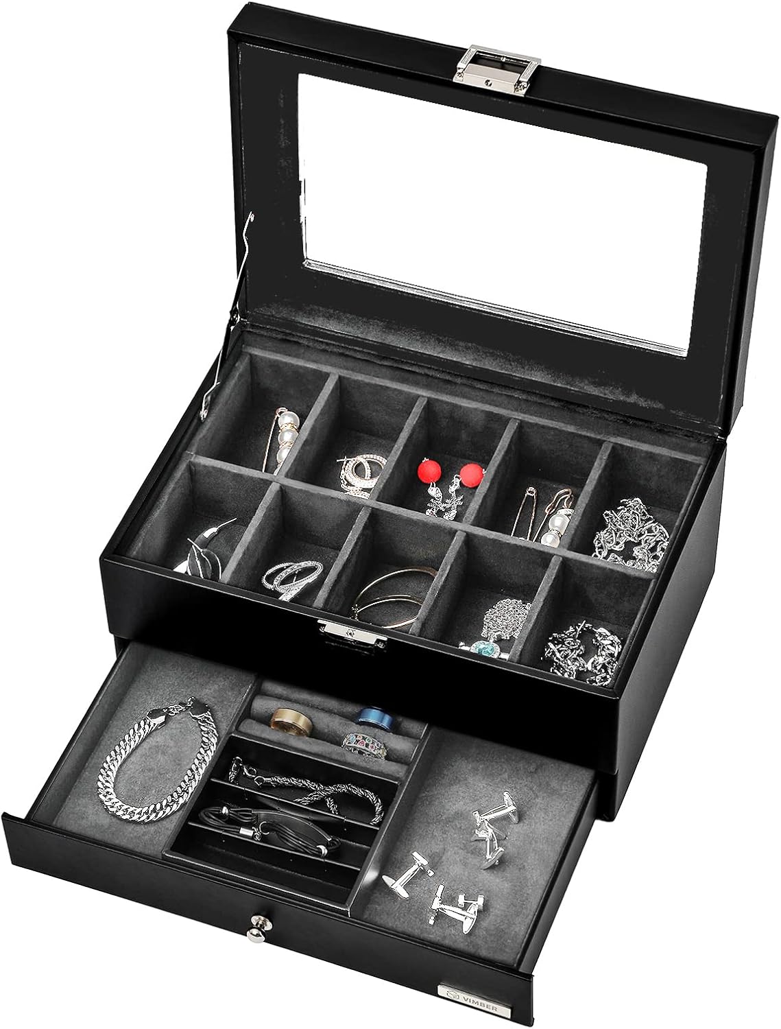 VIMBER Watch Box Organizer for Men with 10-Slot, Mens Watch Case with Removable Watch Pillow and Glass Lid, Mens Jewelry box with Removable Tray for Storage and Display, Gift Grey - Image 4