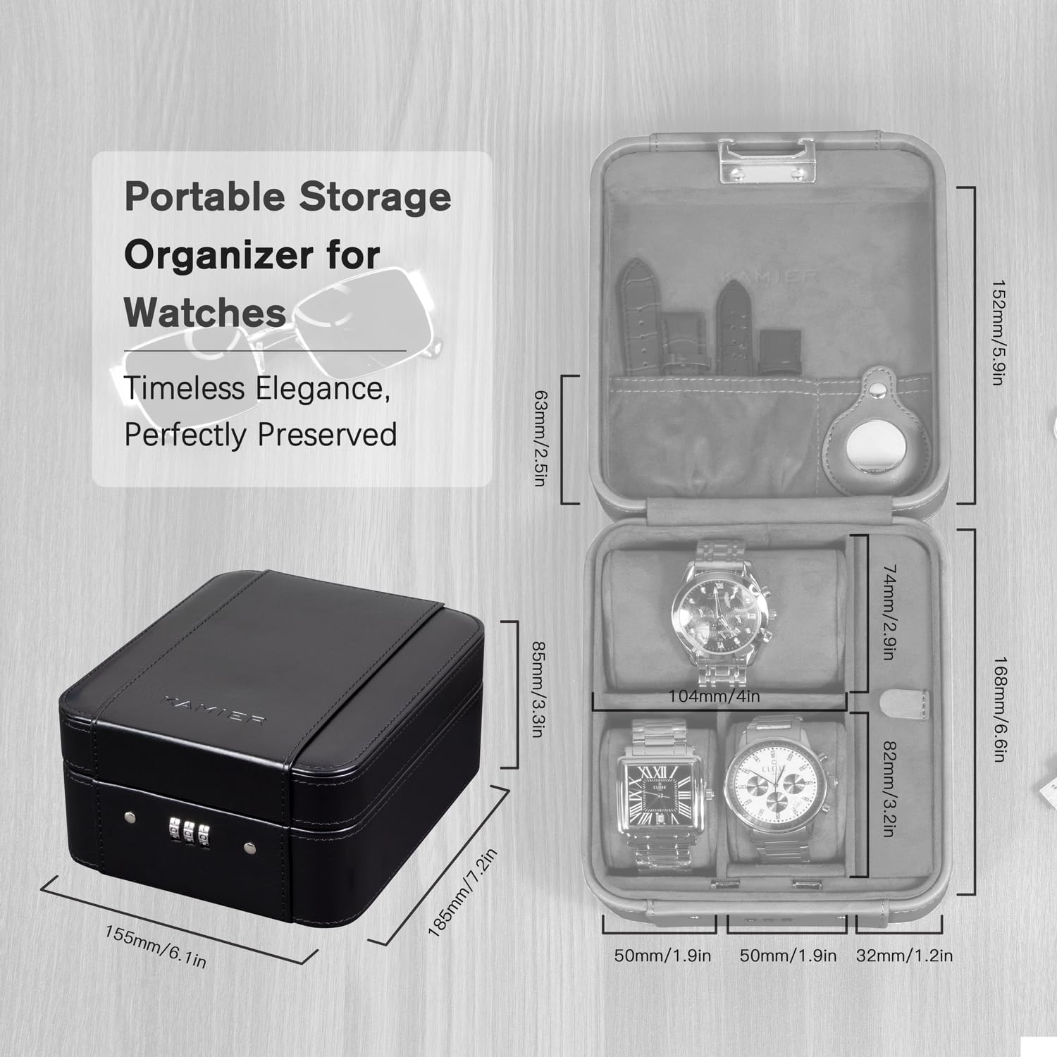 KAMIER Watch Case with Combination Lock - 4 Watch Storage and Jewelry Organizer - Watch Travel Case for Ring and Watch Storage, PU Leather Travel Watch Case, Ideal for Gift (With Gift Box),Black - Image 5