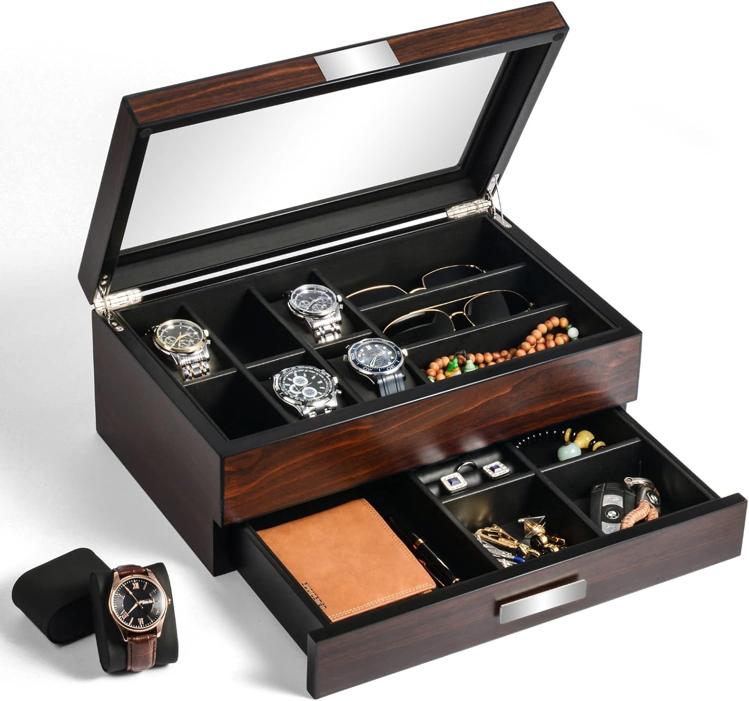 Watch Box Organizer Wooden Men Jewelry Display Case Holder with Drawer for Men Accessory Storage, Real Glass Top,Christmas Gift for Men - Image 9