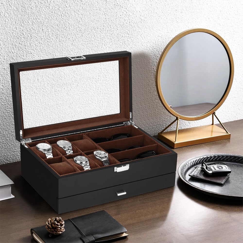 Baskiss 6 Slots Watch Box and Eyewear Sunglass Luxury Storage Box, 2-Layers Solid Wood Watch Display Storage Case Jewelry Organizer with Glass Clear Top for Anniversary, Birthday, Wedding - Image 3