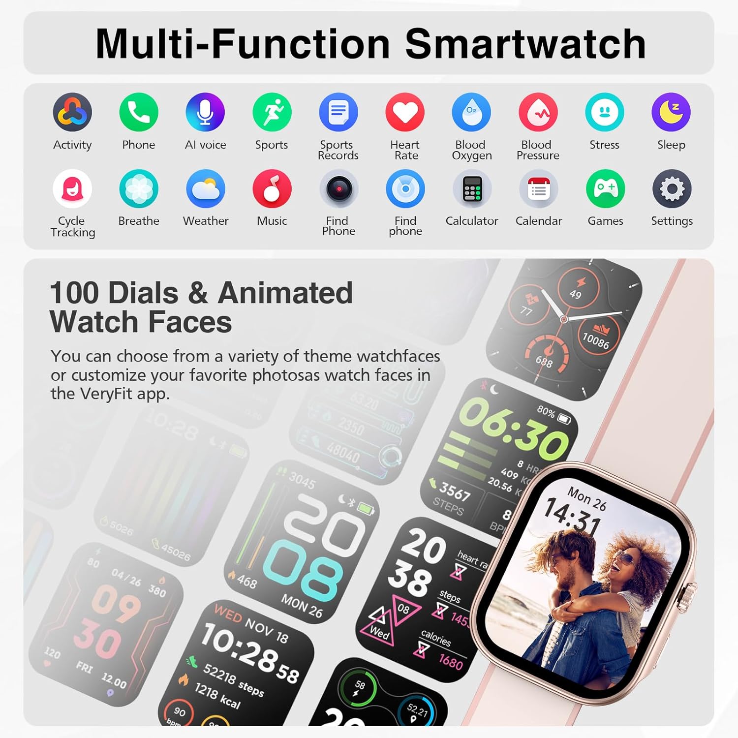 Smart Watches for Men Women, Fitness Tracker Watch with AI Voice, Bluetooth Call, 12 Days Battery, 100 Sport Modes, Smart Watch for iPhone Android, 1.99” AMOLED Display, Sleep Monitor - Image 8