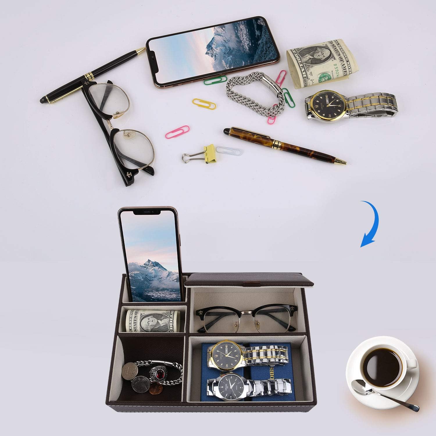 Baoyun Mens Valet Tray Organizer, Leather Valet Box EDC Catch All Tray Dresser Top Nightstand Organizer with 5 Compartments for Wallet Key Phone (Brown) - Image 5