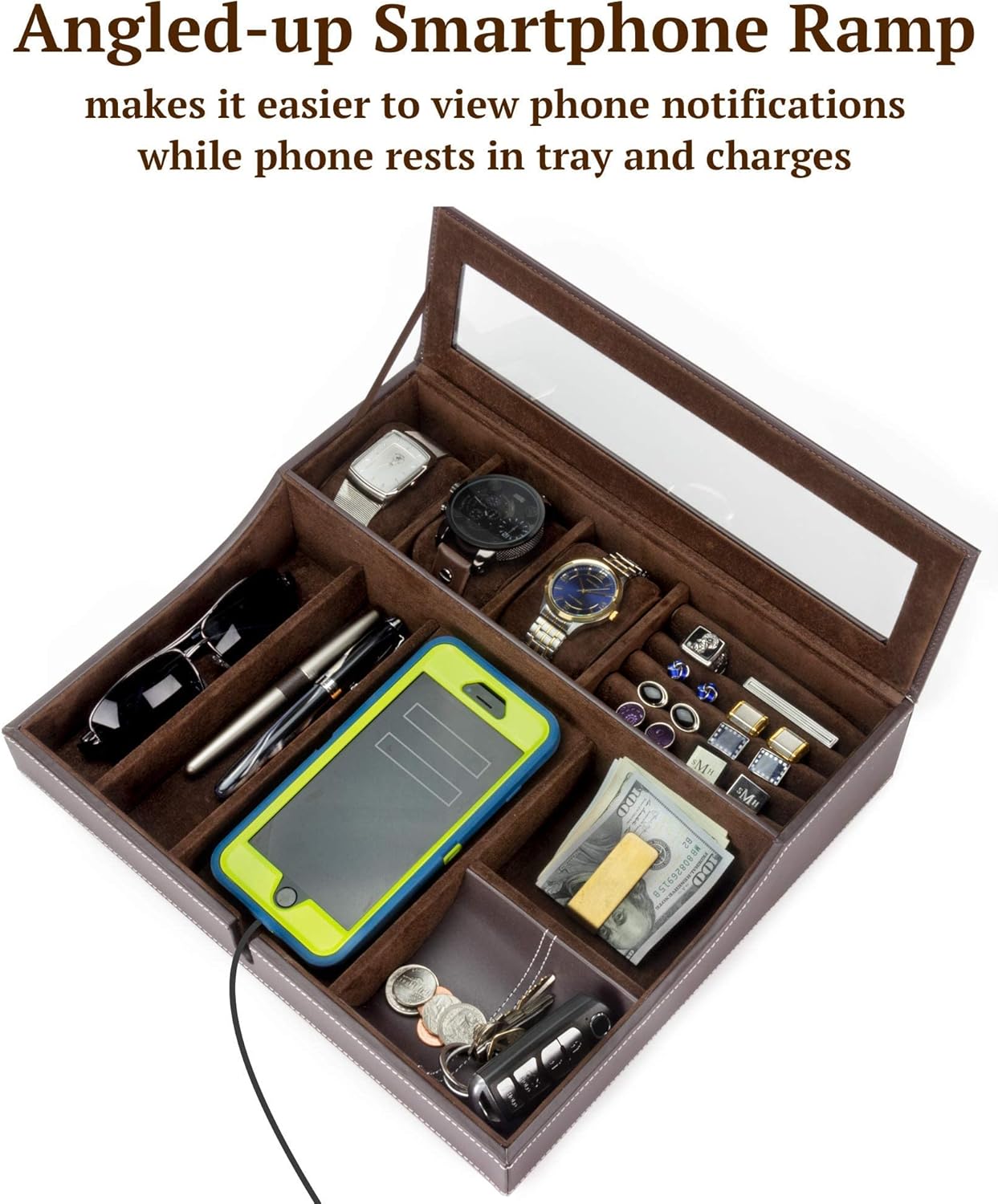 HOUNDSBAY Navigator Big Dresser Valet Tray for Men with Watch Box Jewelry Organizer & Smartphone Charging Station (Dark Brown) - Image 7