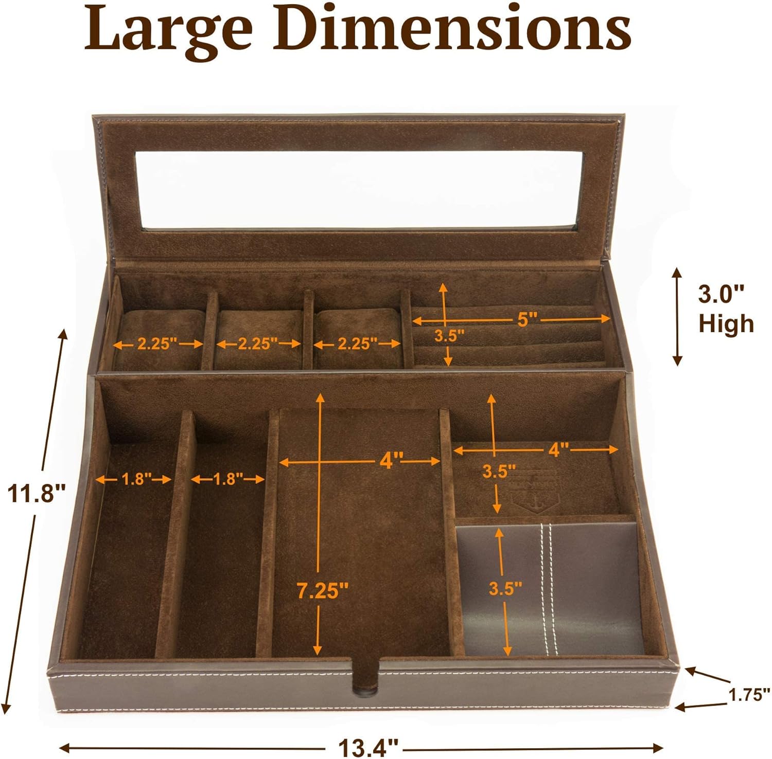HOUNDSBAY Navigator Big Dresser Valet Tray for Men with Watch Box Jewelry Organizer & Smartphone Charging Station (Dark Brown) - Image 6