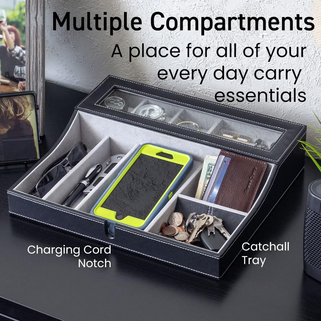 HOUNDSBAY Navigator Big Dresser Valet Tray for Men with Watch Box Jewelry Organizer & Smartphone Charging Station (Dark Brown) - Image 4