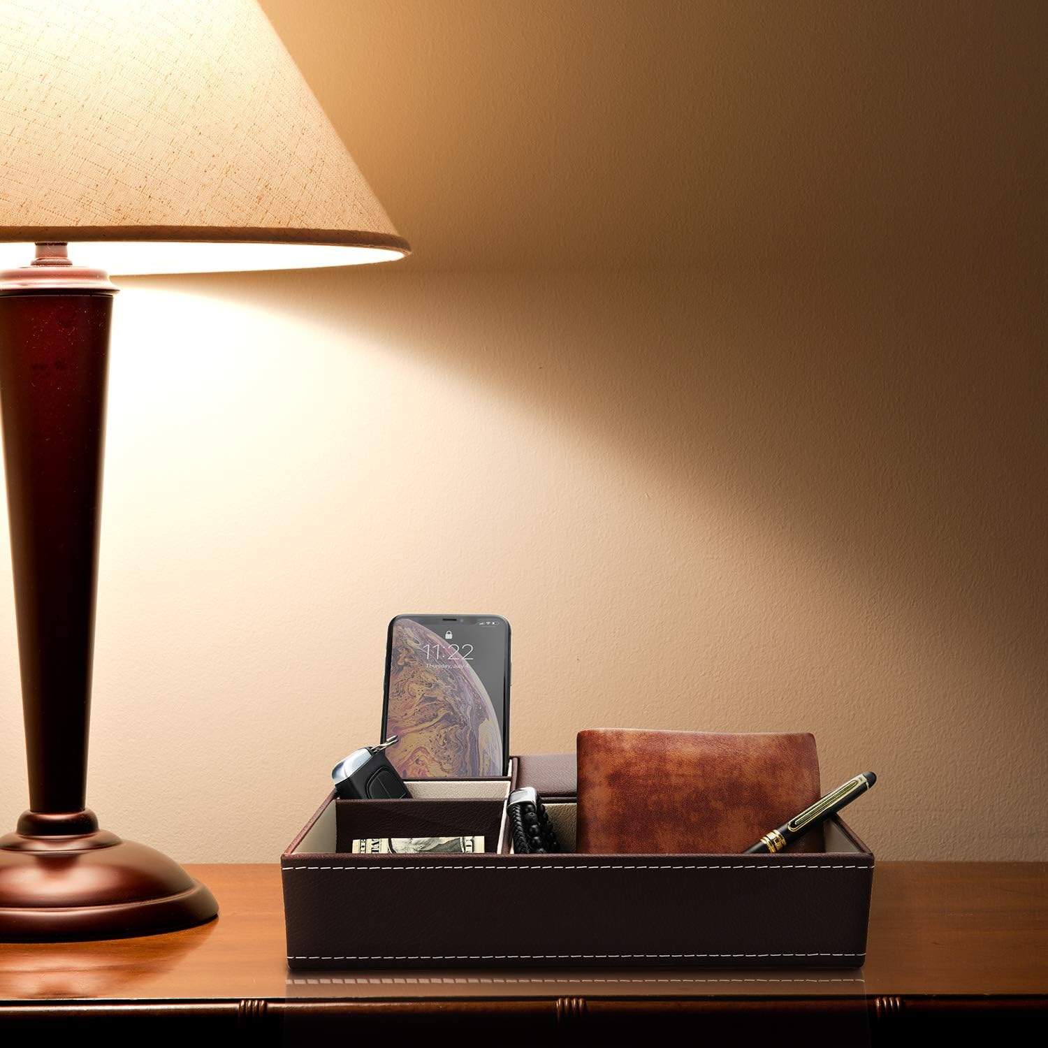 Baoyun Mens Valet Tray Organizer, Leather Valet Box EDC Catch All Tray Dresser Top Nightstand Organizer with 5 Compartments for Wallet Key Phone (Brown) - Image 3