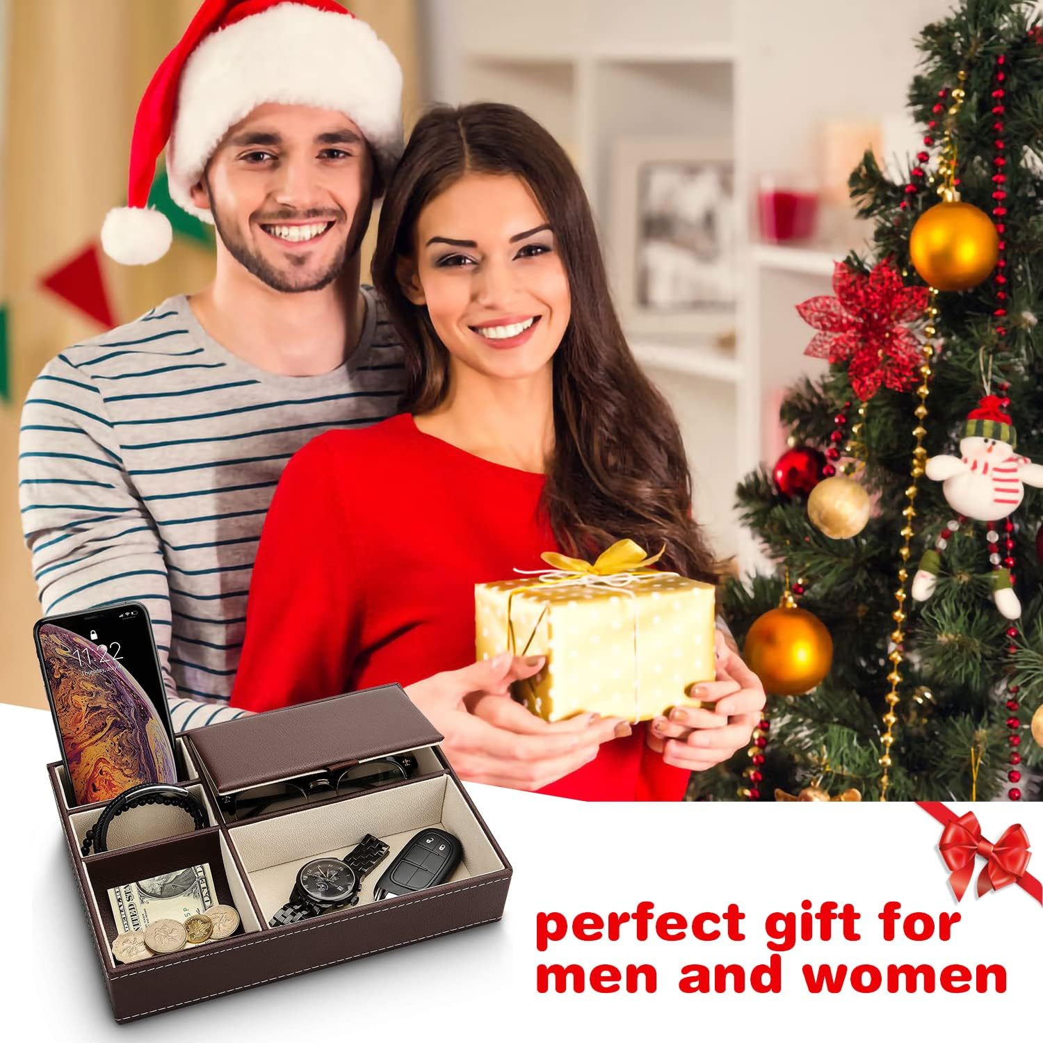 Baoyun Mens Valet Tray Organizer, Leather Valet Box EDC Catch All Tray Dresser Top Nightstand Organizer with 5 Compartments for Wallet Key Phone (Brown) - Image 2