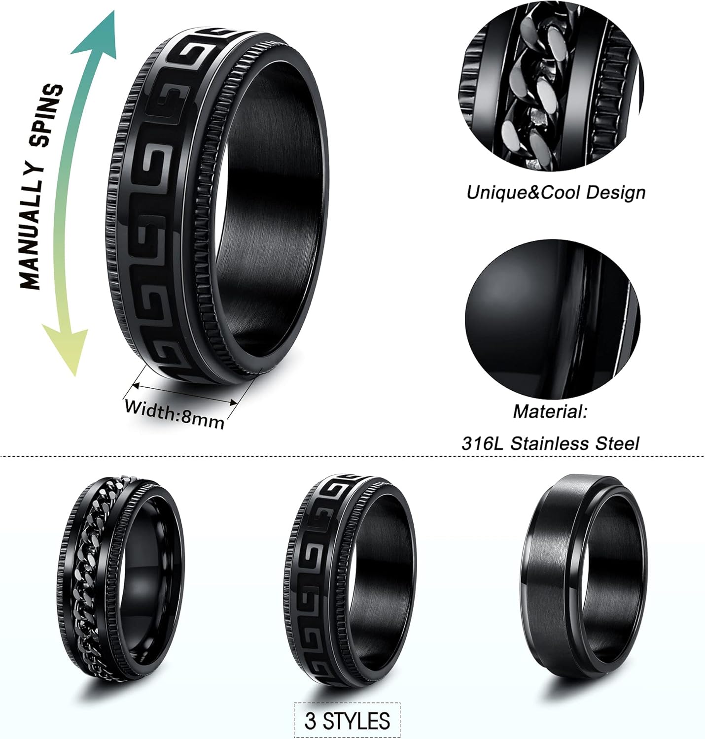Thunaraz 3Pcs Stainless Steel Fidget Ring for Men Women Cool Chain Greek Key Spinner Band Ring Set for Wedding Promise Stress Relieving 8MM Wide - Image 2