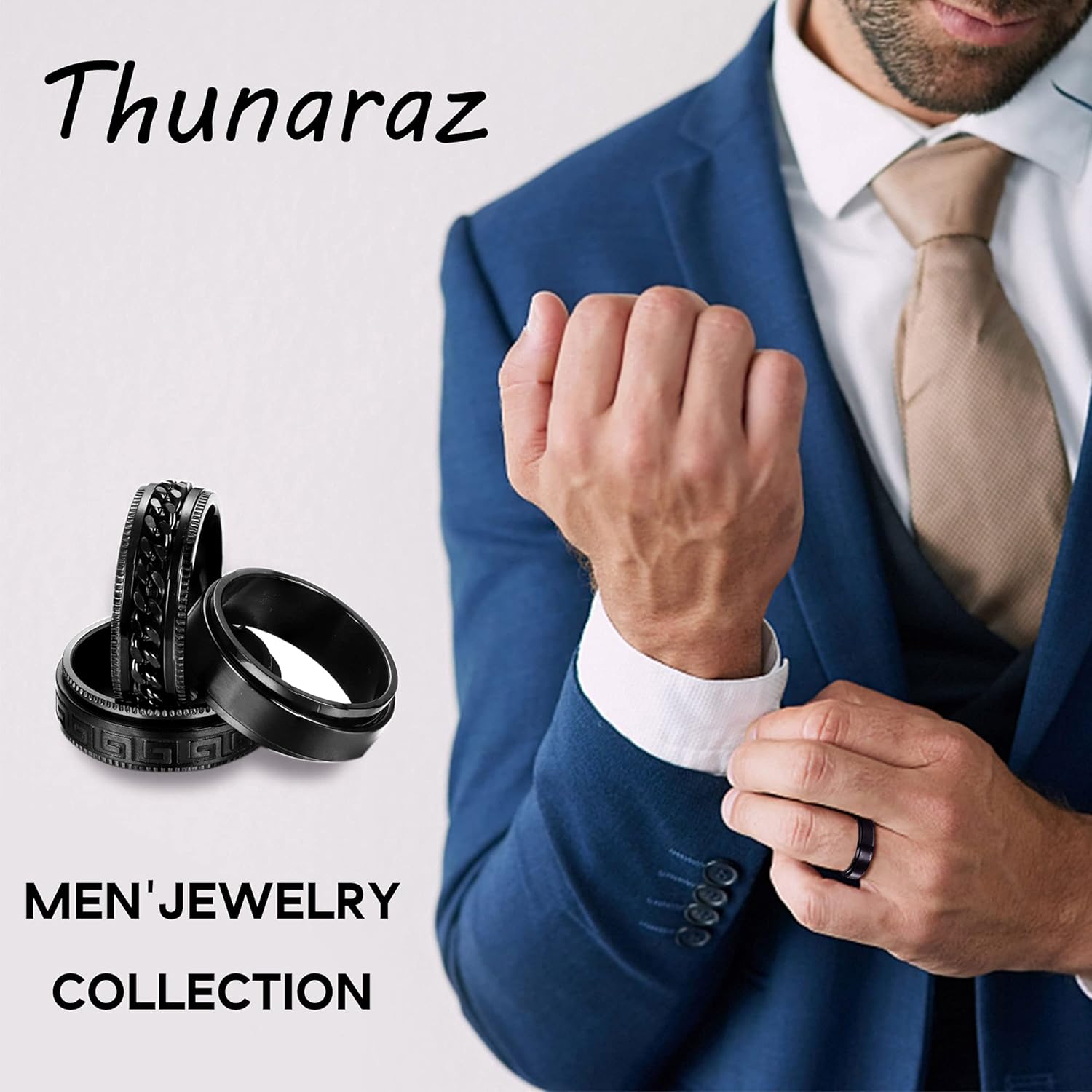Thunaraz 3Pcs Stainless Steel Fidget Ring for Men Women Cool Chain Greek Key Spinner Band Ring Set for Wedding Promise Stress Relieving 8MM Wide - Image 7