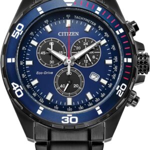 Citizen Mens 44mm Black Stainless Steel watch with; bracelet, blue dial, chronograph – AT2518-56L