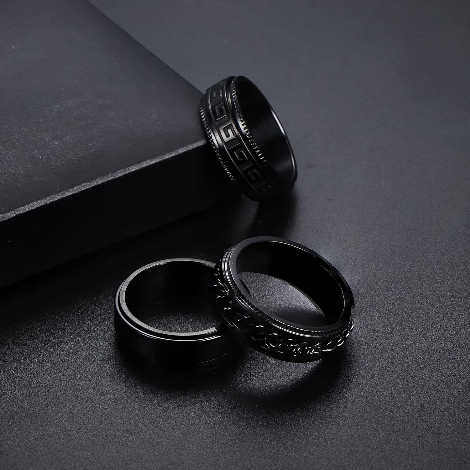 Thunaraz 3Pcs Stainless Steel Fidget Ring for Men Women Cool Chain Greek Key Spinner Band Ring Set for Wedding Promise Stress Relieving 8MM Wide - Image 5