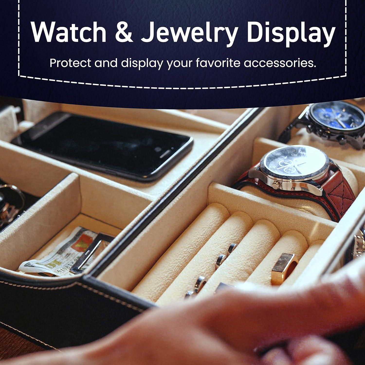 HOUNDSBAY Navigator Big Dresser Valet Tray for Men with Watch Box Jewelry Organizer & Smartphone Charging Station (Dark Brown) - Image 5