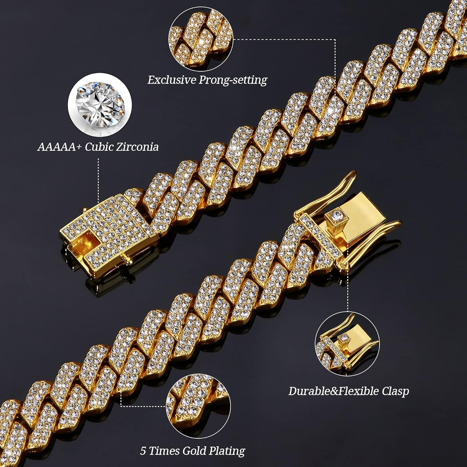 HAIAISO Cuban Link Chain Iced Out for Men 14MM Miami Cuban Link Choker Necklace Bracelet 18K Gold Plated Bling Diamond Chain Bracelet Hip Hop Jewelry for Men Women - Image 2