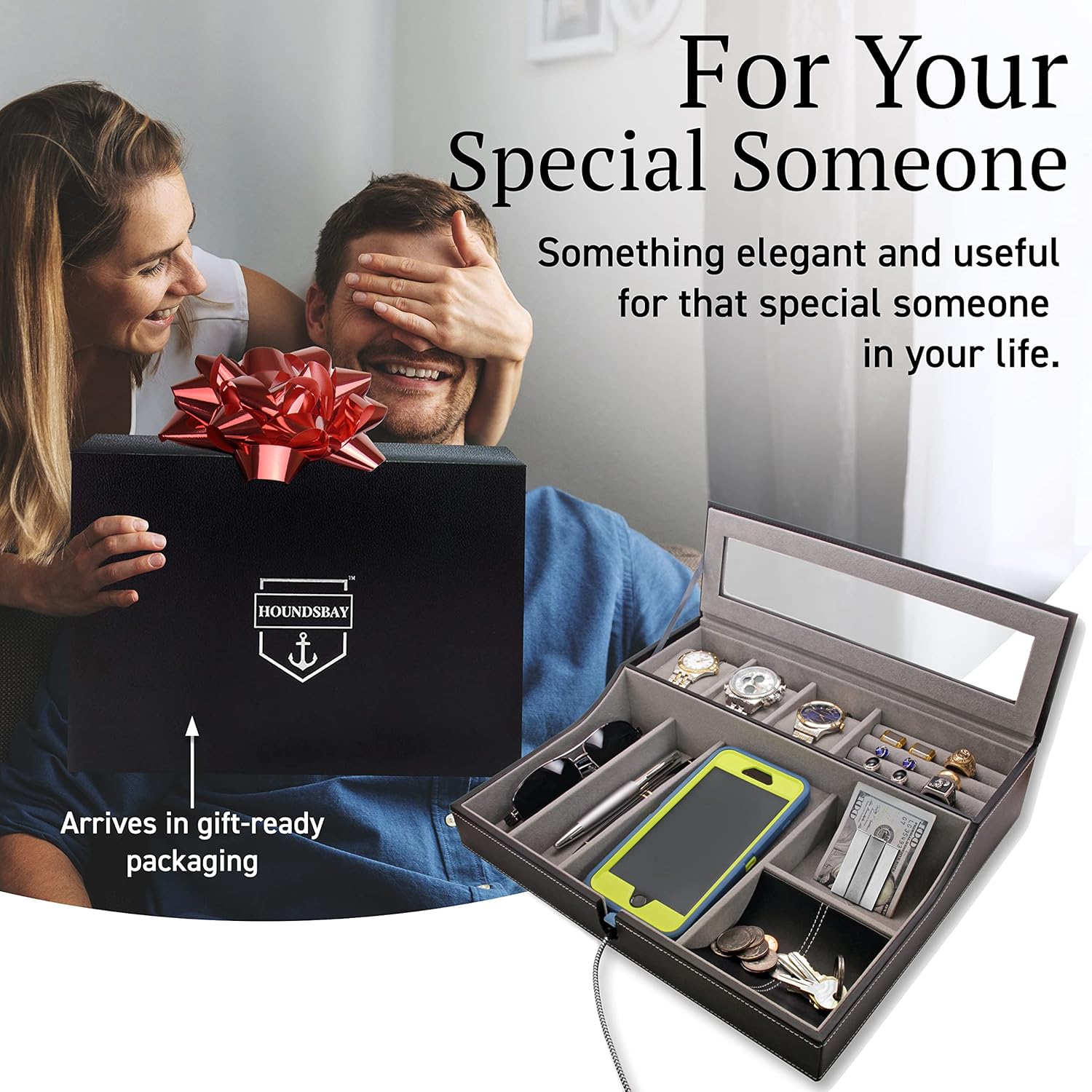 HOUNDSBAY Navigator Big Dresser Valet Tray for Men with Watch Box Jewelry Organizer & Smartphone Charging Station (Dark Brown) - Image 2